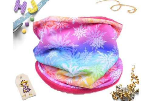 Buy Teen-Adult Snood Rainbow Snowflakes now using this page